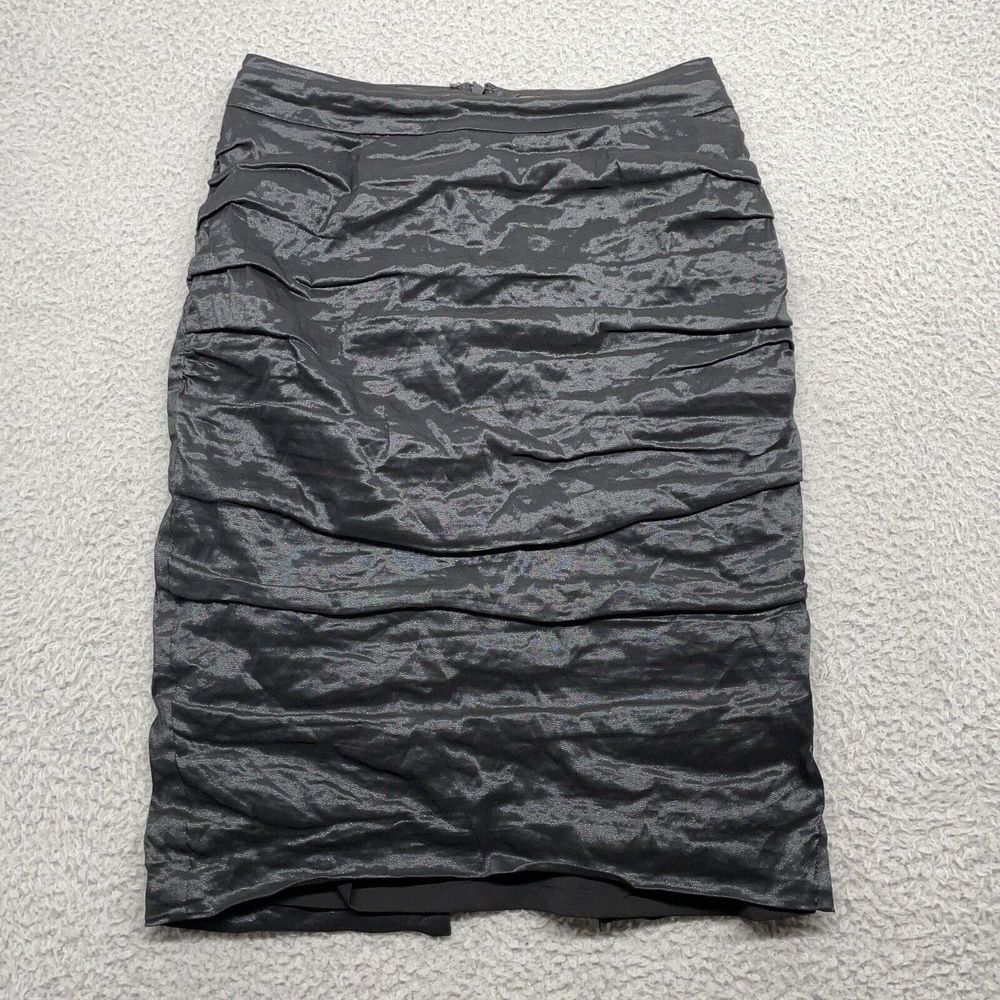 BCBGMAXAZRIA Mini Skirt Women Black Metallic Pencil Ruched Crinkled Academia